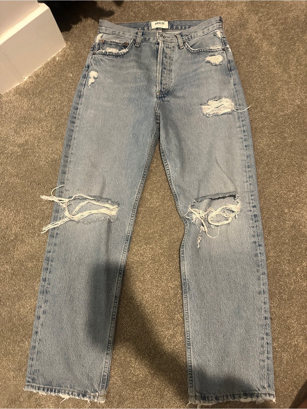 Agolde Light Blue Distressed Straight Jeans
